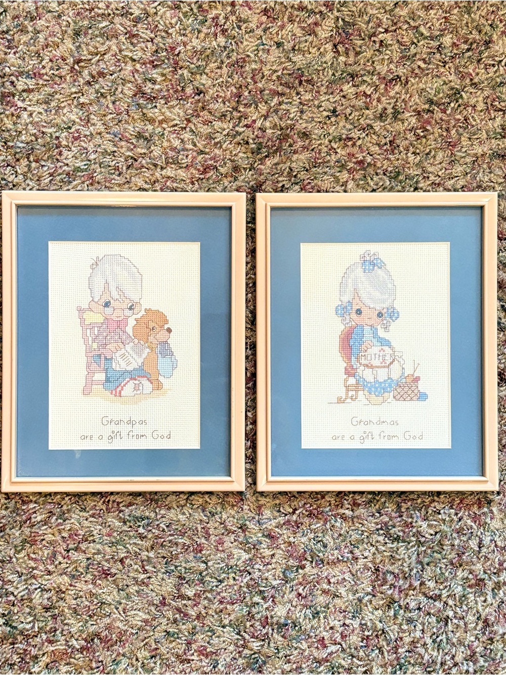 Vtg Precious Moments Finished Cross Stitch Pair Framed Grandma Grandpa Gift God